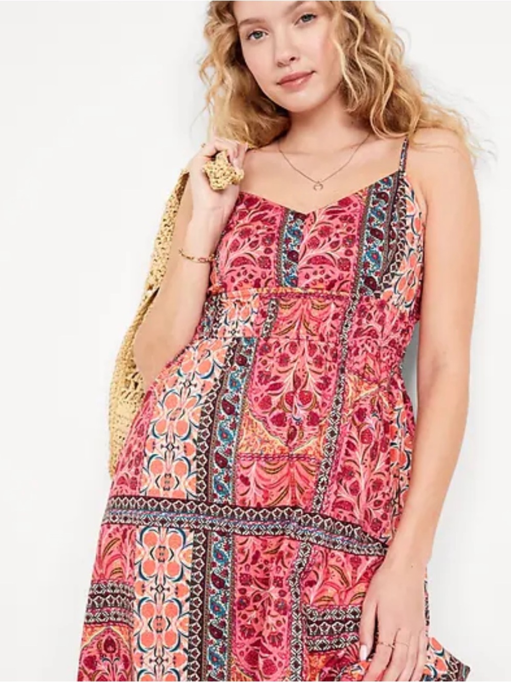 Old Navy Waist-Defined Cami Midi Dress Size 2X Coral Pink Print